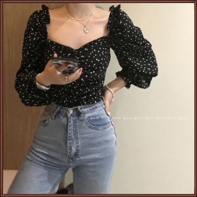 Áo Croptop Cổ Vuông Tay Dài Phồng In Họa Tiết Hoa Phong Cách Pháp Cổ Điển Thời Trang Cho Nữ