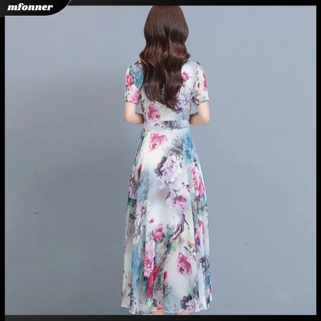 Đầm Dài Cổ Tròn Tay Ngắn Eo Cao In Họa Tiết Hoa Thời Trang Mùa Hè Xinh Xắn Cho Nữ