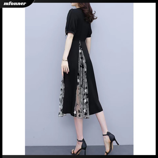 Đầm Tay Ngắn Cổ Vuông Phối Lưới Cỡ Lớn Thời Trang Xinh Xắn Cho Nữ