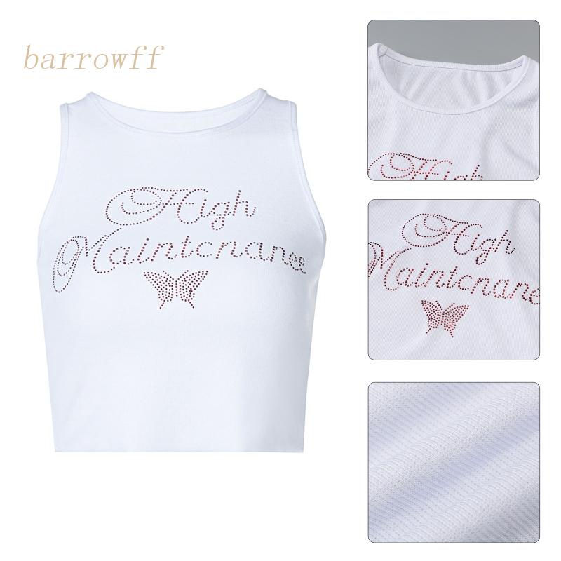 Brroa Áo Croptop Dệt Kim Không Tay Có Gân In Chữ Và Bướm Đính Đá Harajuku Cho Nữ