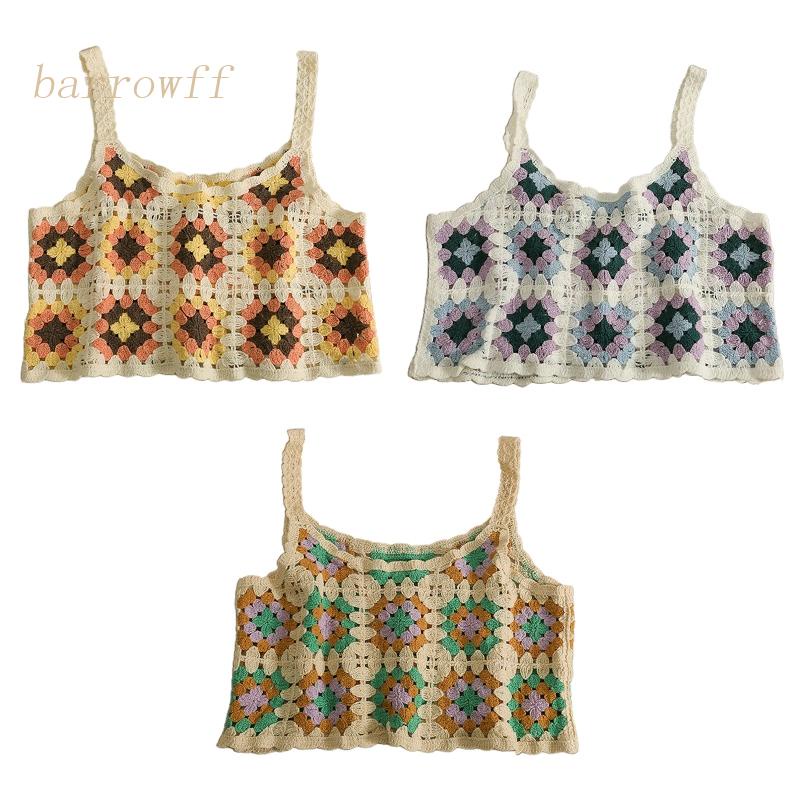 Brroa Áo Croptop Dệt Kim Không Tay Khoét Rỗng Họa Tiết Hoa Màu Sắc Tương Phản Phong Cách Boho Cho Nữ Sw