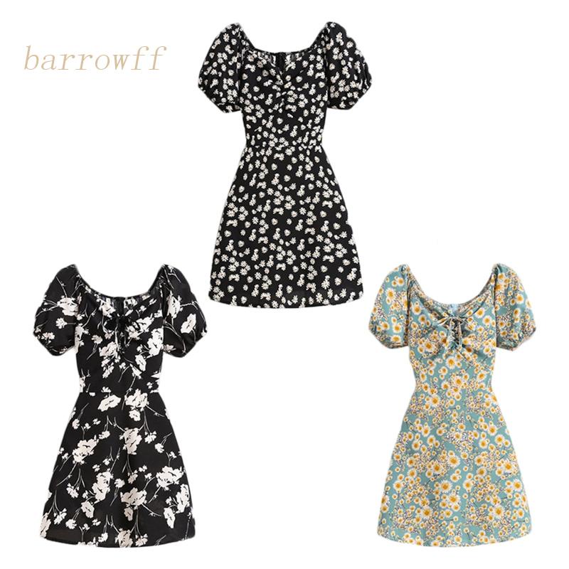 Brroa Đầm Chữ A Tay Ngắn Phồng Cổ Thuyền Họa Tiết Hoa Cúc Phong Cách Boho Thời Trang Cho Nữ