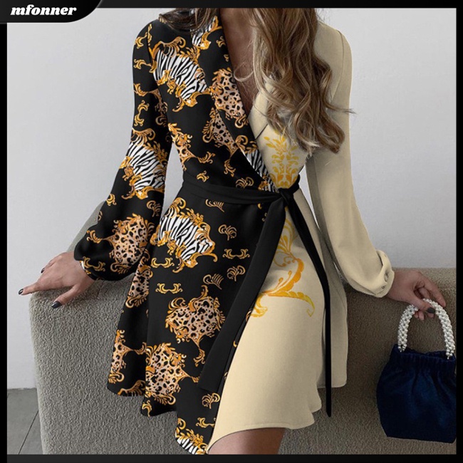 Đầm Dài Tay Cổ Chữ V Eo Cao In Hoa Phối Màu Tương Phản Thời Trang Dành Cho Nữ