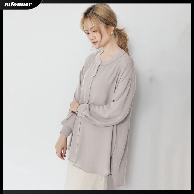 Áo Sơ Mi Chiffon Tay Dài Cổ Tròn Dáng Rộng Màu Sắc Đơn Giản Thanh Lịch Dành Cho Nữ