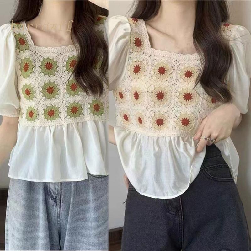 Brroa Áo Croptop Tay Phồng Ngắn In Họa Tiết Hoa Viền Bèo Thời Trang Cho Nữ