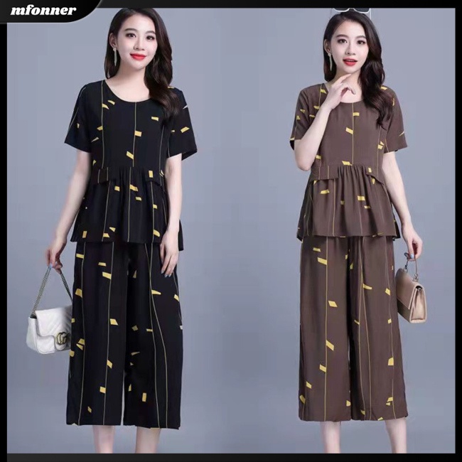 Bộ Trang Phục 2 Mảnh Áo Thun Tay Ngắn Cổ Tròn In Họa Tiết + Quần Dài Ống Rộng Thời Trang Cho Nữ