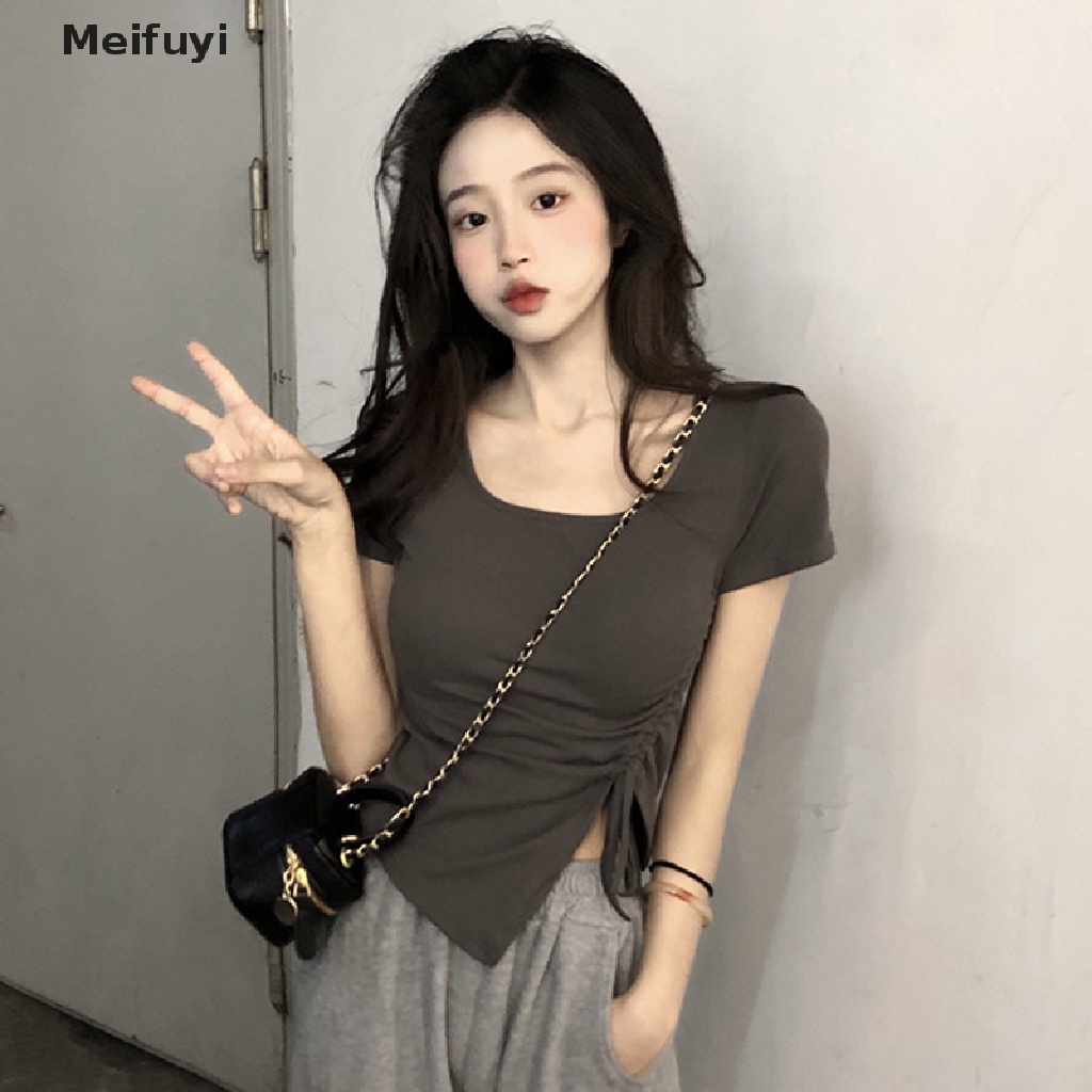 Áo Thun Tay Ngắn Cổ Vuông Màu Sắc Đơn Giản Phối Dây Rút Thời Trang Mùa Hè Cho Nữ