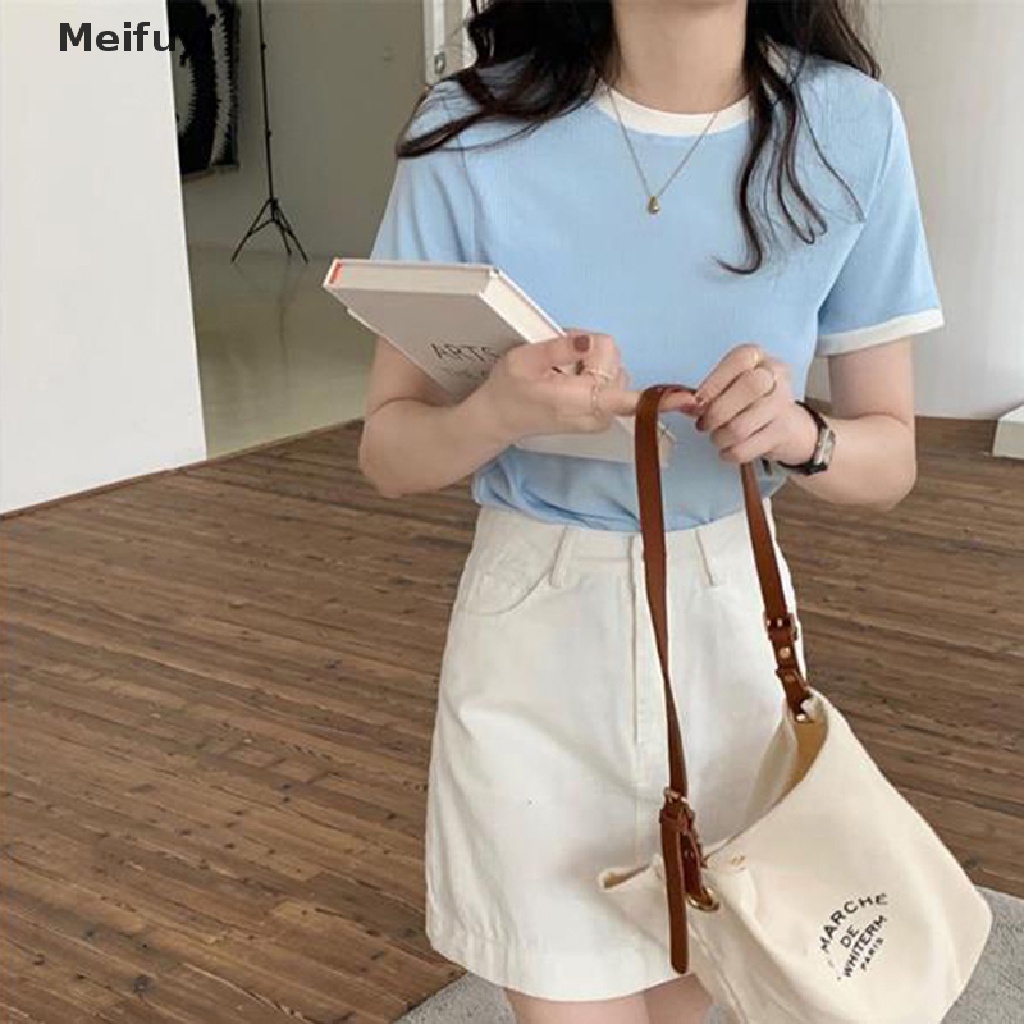 Áo Thun Tay Ngắn Cổ Tròn Màu Sắc Tương Phản Thời Trang Mùa Hè Cho Nữ