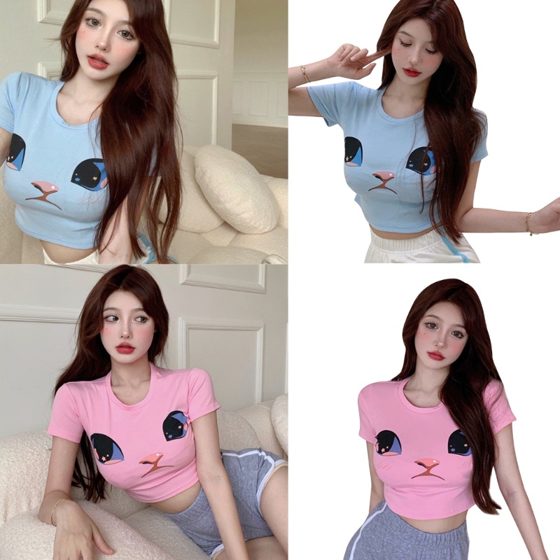 Áo Croptop Ôm Dáng Ngắn Tay Cổ Tròn In Họa Tiết Mật Ong Quyến Rũ