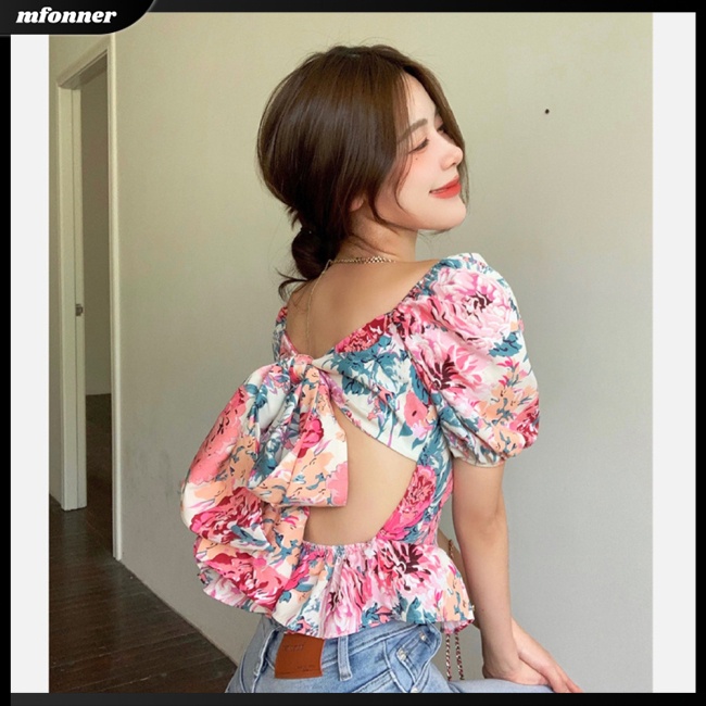 Áo Thun Tay Phồng Cổ Vuông Hở Lưng Họa Tiết Tranh Sơn Dầu Gợi Cảm Cho Nữ