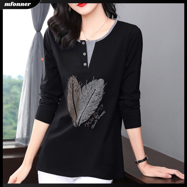 Áo Thun Nữ Tay Dài Cổ Tròn Dáng Rộng Có Nút Trang Trí Màu Sắc Tương Phản