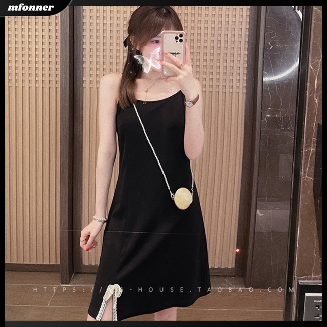 Đầm Hai Dây Màu Đen Phối Nơ Xinh Xắn Thời Trang Dành Cho Nữ