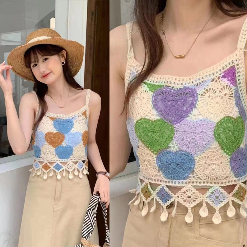Áo Croptop Sát Nách Hoạ Tiết Hoa Thêu Phong Cách Vintage