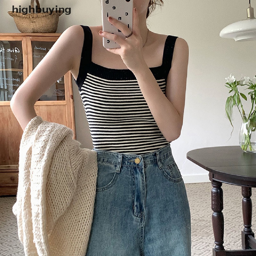 Áo Croptop Dệt Kim Hai Dây Họa Tiết Kẻ Sọc Phong Cách Vintage