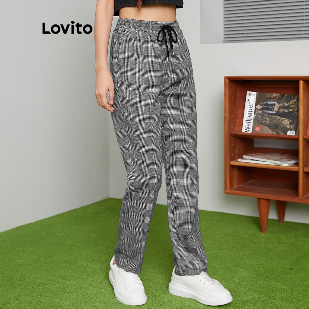 Quần taper Lovito eo dây rút kẻ caro không đổ lông phong cách thường ngày L27ED059 (màu xám đậm)