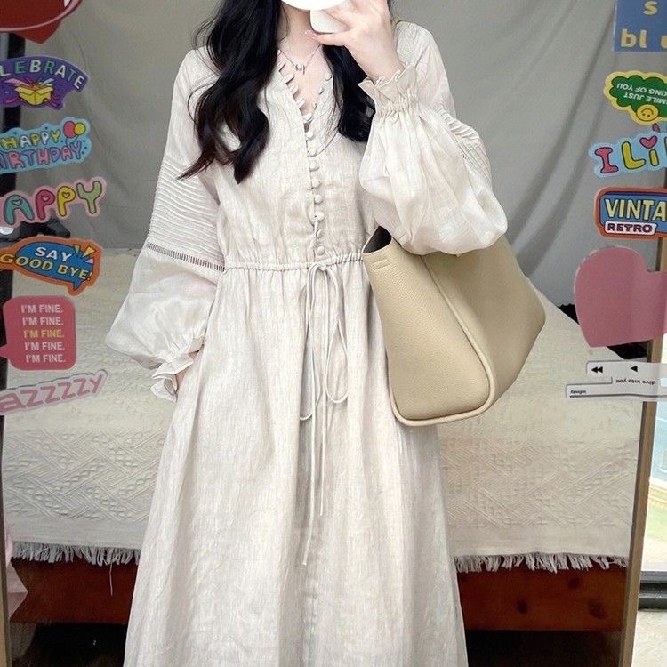 Đầm Dài Vải Lanh Cotton Tay Phồng Cổ Chữ v Phong Cách Retro Pháp