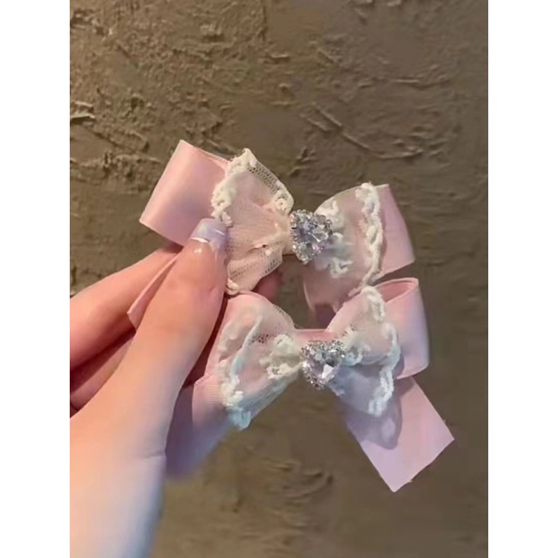 Kẹp Tóc Nơ Satin Màu Kem Đính Đá Thời Trang