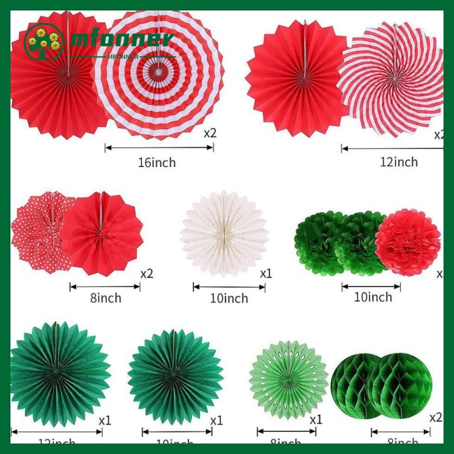 Set 15 Quạt Giấy Đủ Màu Kèm Bóng Lông Trang Trí Giáng Sinh