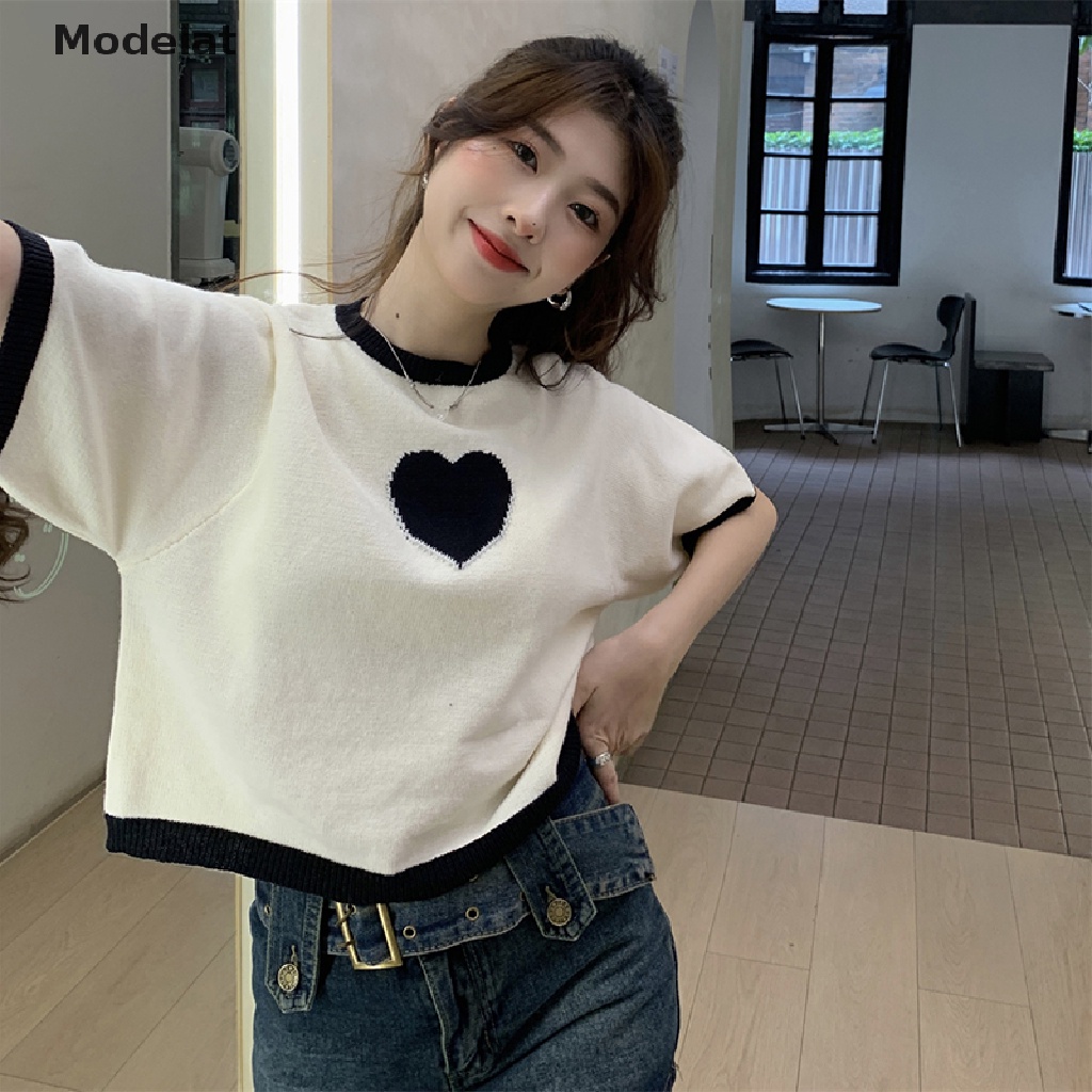 Áo Thun Croptop Dệt Kim Tay Ngắn Cổ Tròn Dáng Rộng In Hình Trái Tim Thời Trang Mùa Hè Cho Nữ