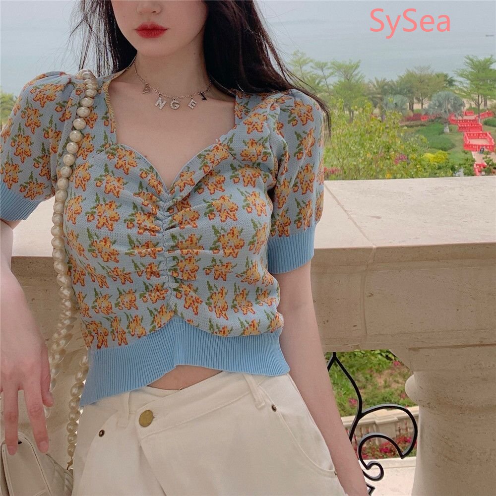 Áo Croptop Dệt Kim Tay Phồng In Hoa Kiểu Hàn Quốc Thời Trang Mùa Hè Cho Nữ
