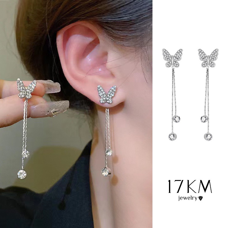 Bông Tai Mạ Bạc 17KM Hình Bướm Đính Đá Zircon Thời Trang Dành Cho Nữ
