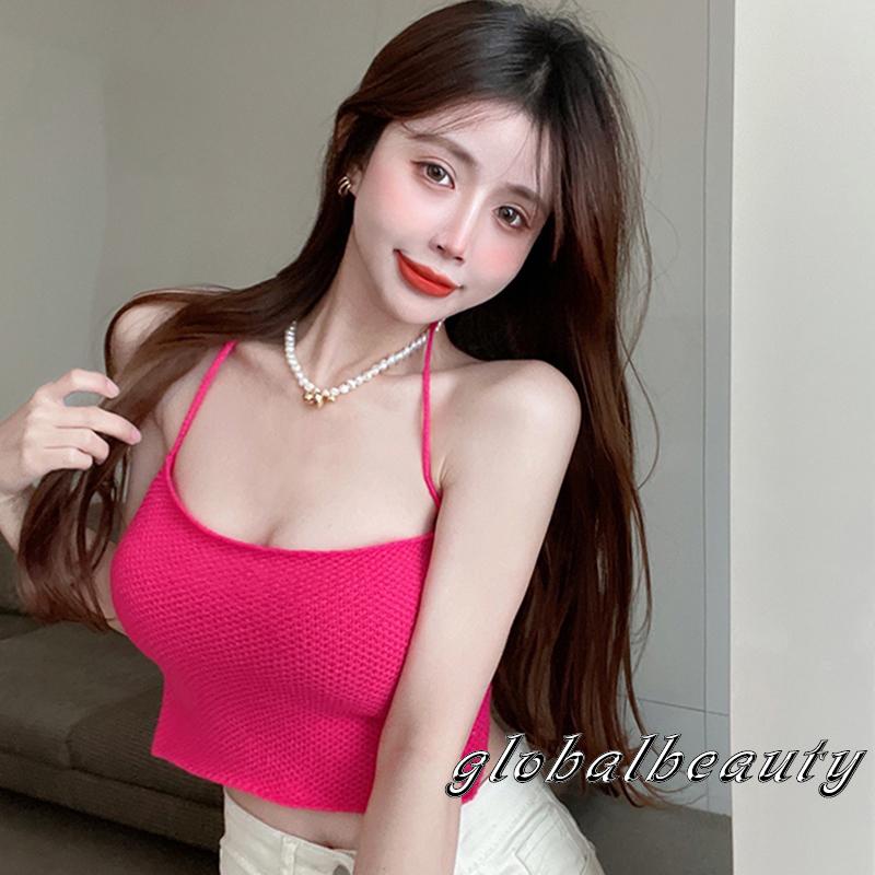 Áo Crop Top Hai Dây Dệt Kim Hở Lưng Màu Trơn Thời Trang Mùa Hè Cho Nữ