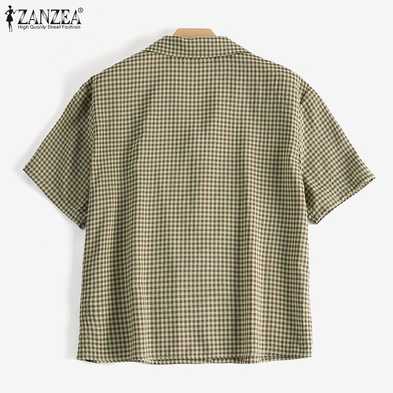 Zanzea Áo Sơ Mi Nữ Ca Rô Ngắn Tay Cổ Bẻ Thời Trang