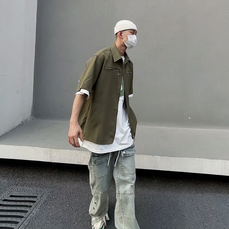 Áo Sơ Mi Ngắn Tay Màu Sắc Đơn Giản Phong Cách Nhật Bản Cho Nam