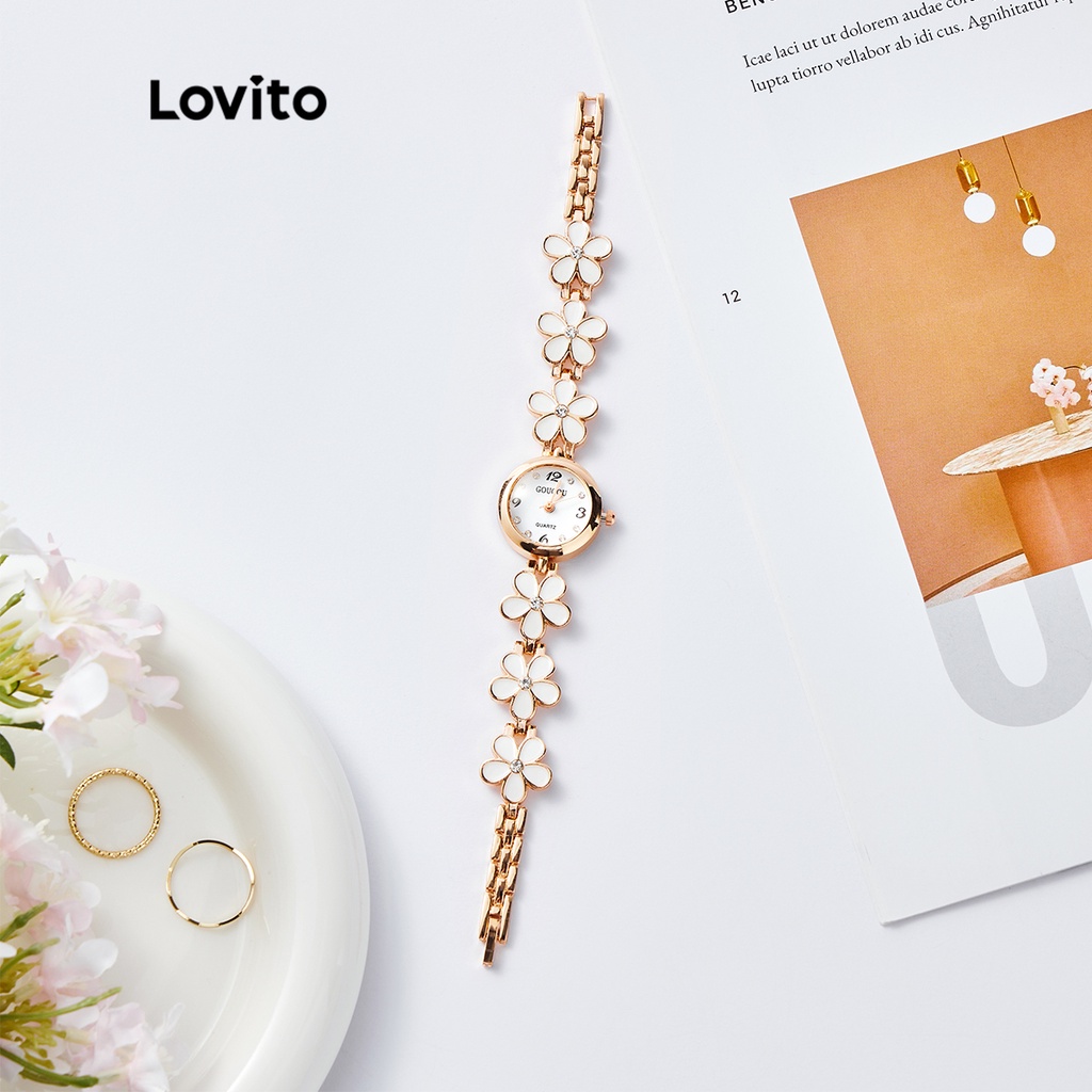 Đồng hồ quartz mini Lovito phối dây kim loại hình hoa thanh lịch cho nữ L50AD105 (Màu trắng/ đen)