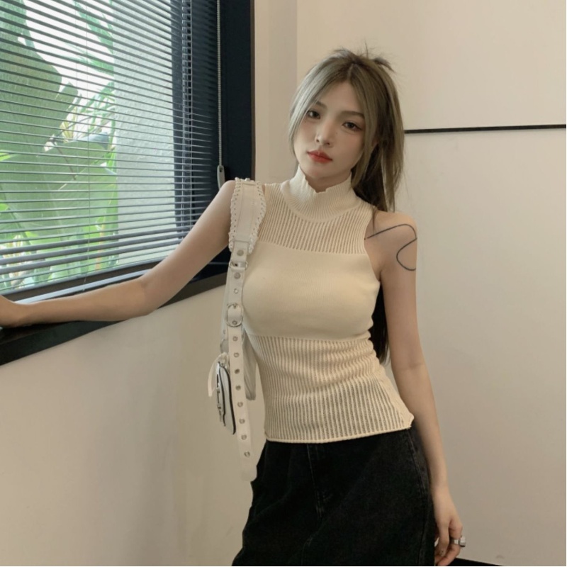 COZOK Áo Dệt Kim Sát Nách Cổ Cao Phối Lưới Quyến Rũ Cho Nữ