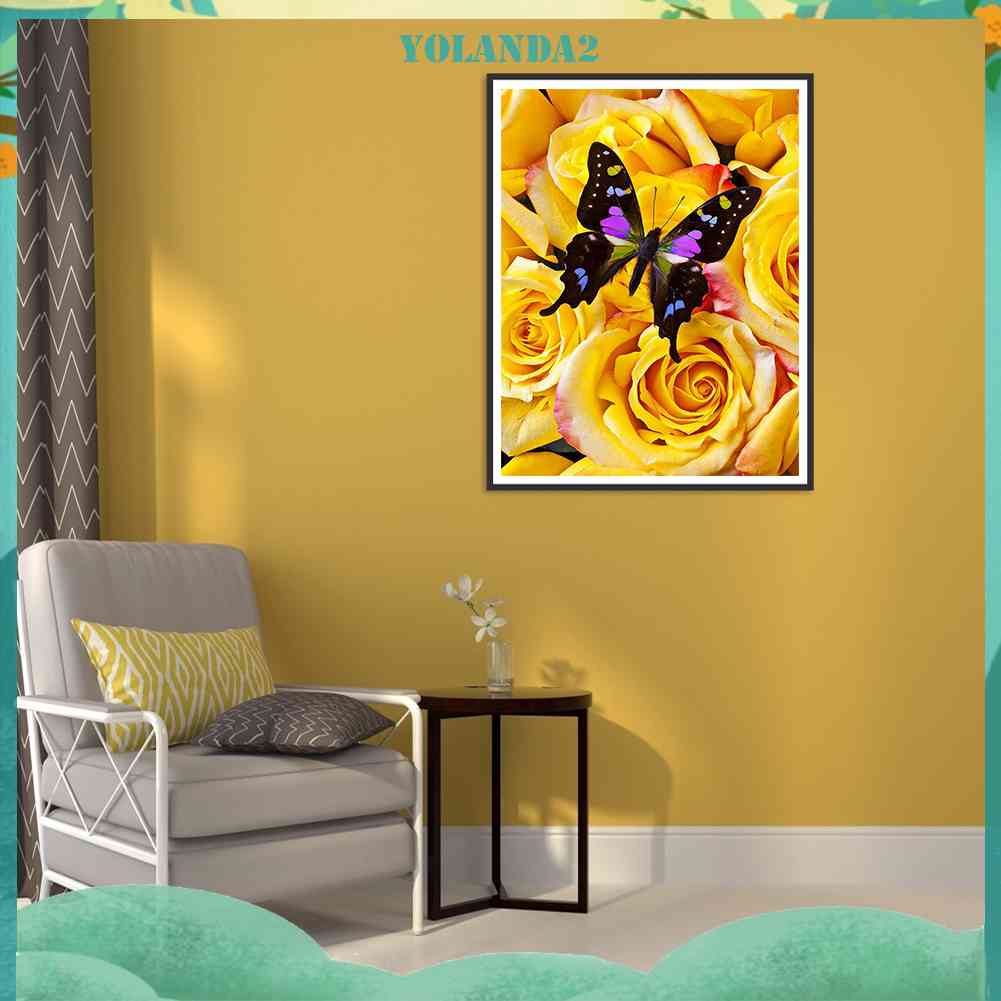 Bộ Tranh Đính Đá 5D Tự Làm Toàn Diện Hình Bướm Và Hoa Hồng Vàng Trang Trí Tường