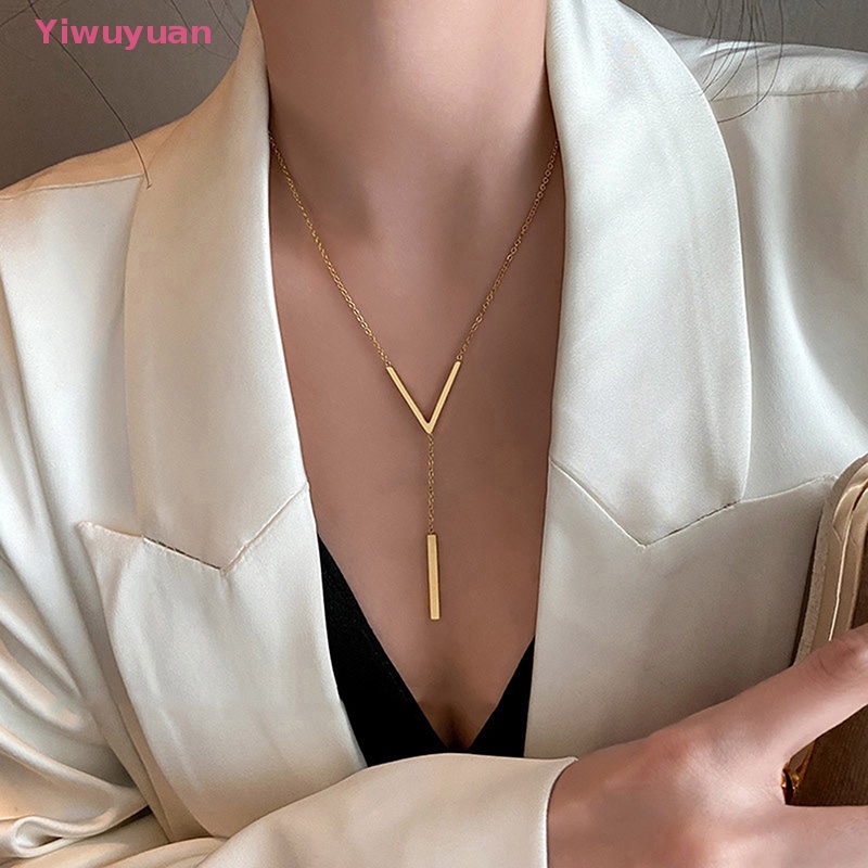 < Yiwuyuan > Vòng cổ Thép Không Gỉ Dáng Dài Mặt Chữ V Màu Vàng Đồng Gợi Cảm Cho Nữ Dự Tiệc Mới
