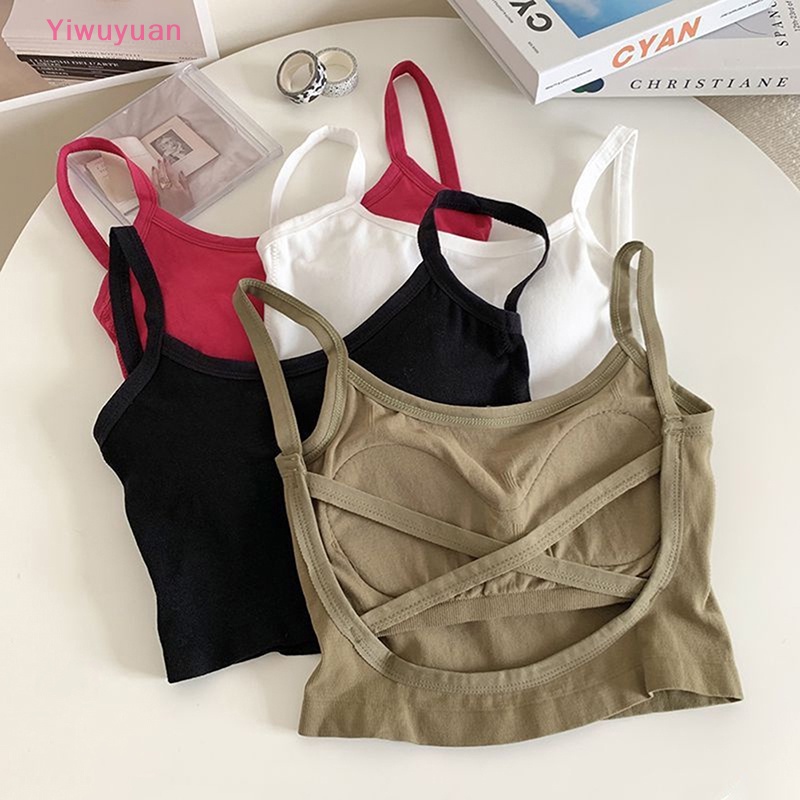 < Yiwuyuan > Áo Croptop Dệt Kim Trễ Vai Có Mút Nâng Ngực Dây Chéo Sau Lưng Gợi Cảm Cho Nữ