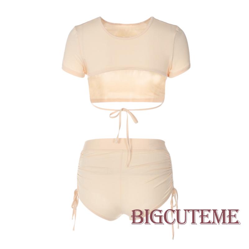Set Đồ 2 Món Gồm Áo Crop Top Tay Cộc Hở Lưng + Quần Ngắn Dây Rút Bên Hông Cho Nữ