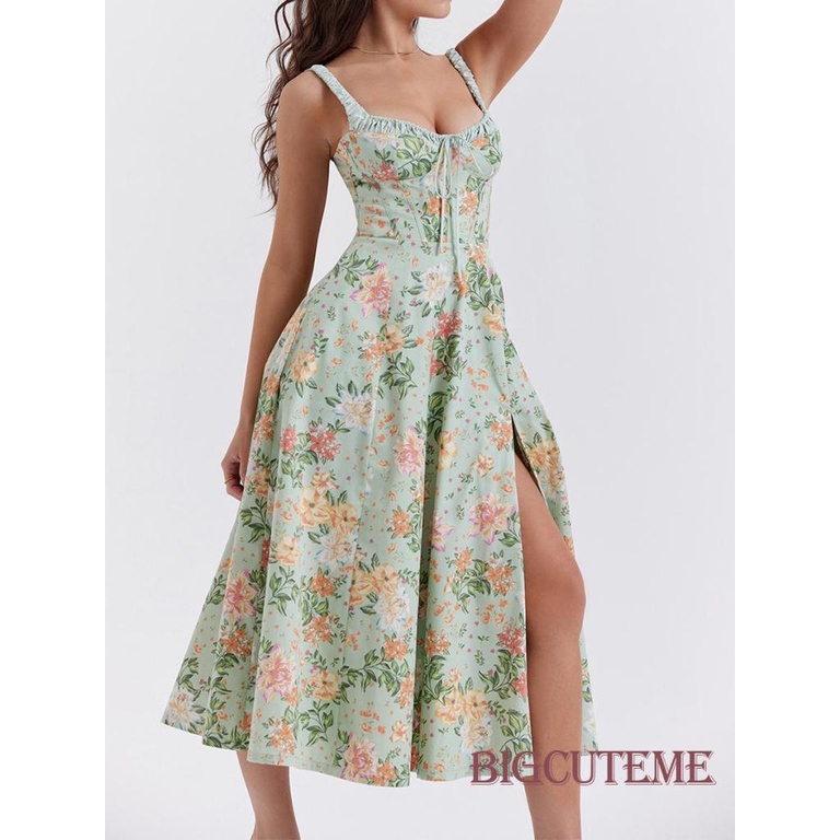 Đầm Midi Hai Dây Cổ Khoét Sâu In Họa Tiết Hoa Thời Trang Mùa Hè Cho Nữ