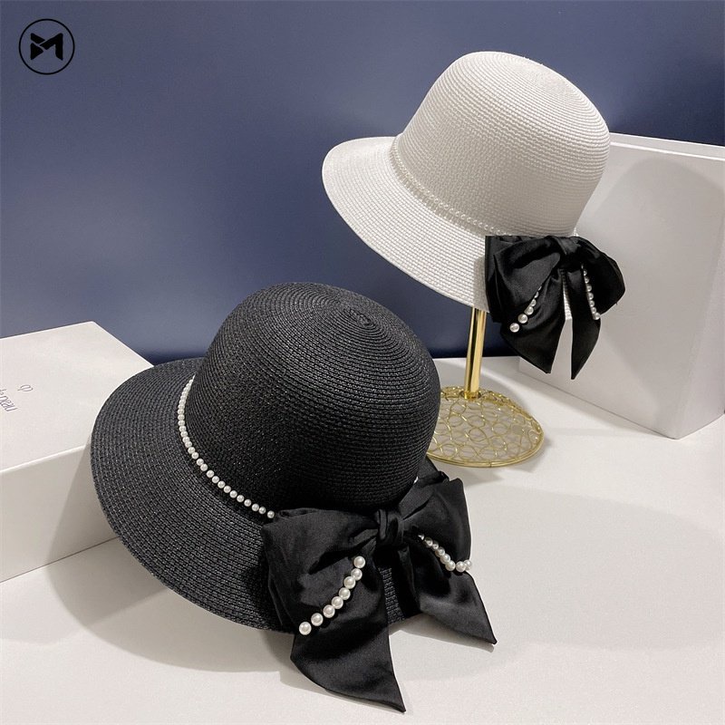 Mũ Cói Rộng Vành Chống Nắng Thắt Nơ Đính Ngọc Trai Phong Cách Pháp Hàng Mới 2023 Dành Cho Bạn Nữ Đi Biển