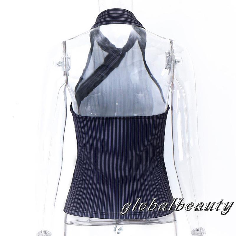 Áo Thun Không Tay Hở Lưng Ôm Dáng Họa Tiết Kẻ Sọc Màu Đen Dành Cho Nữ