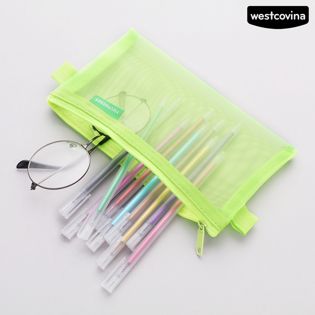 [COD]♪Túi Đựng Bút Bằng Nilon Trong Suốt Trọng Lượng Nhẹ Phối Lưới Có Khóa Kéo Tiện Dụng