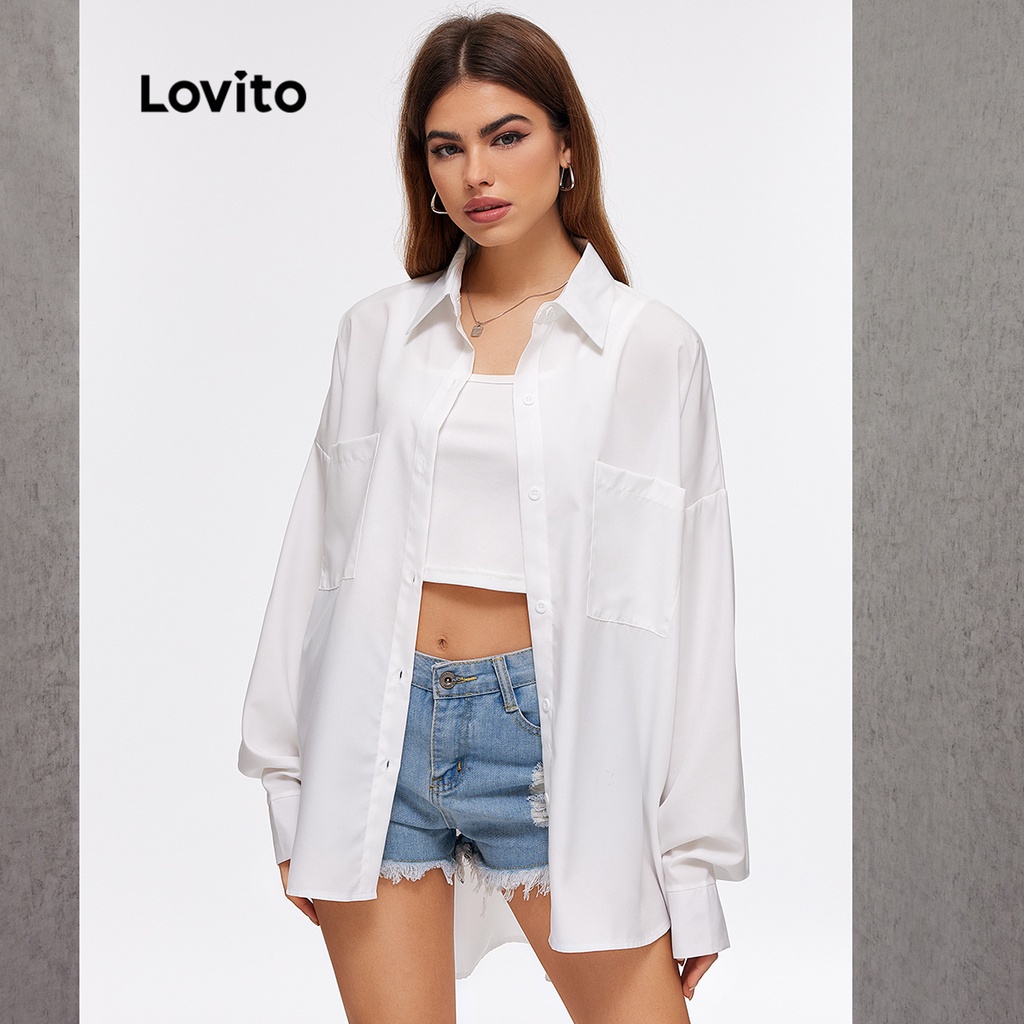 Lovito Áo Sơ Mi Có Túi Cổ Bẻ Màu Trơn Lovito Thường Ngày L20D1108 (Trắng)