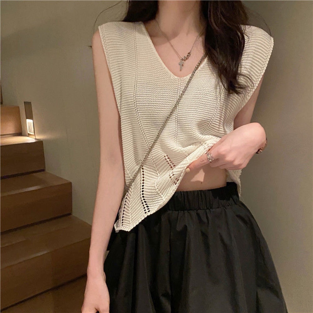 Áo Dệt Kim Sát Nách Dáng Rộng Cổ Chữ V Khoét Sâu Phong Cách Hàn Quốc Thời Trang Mùa Hè Cho Nữ