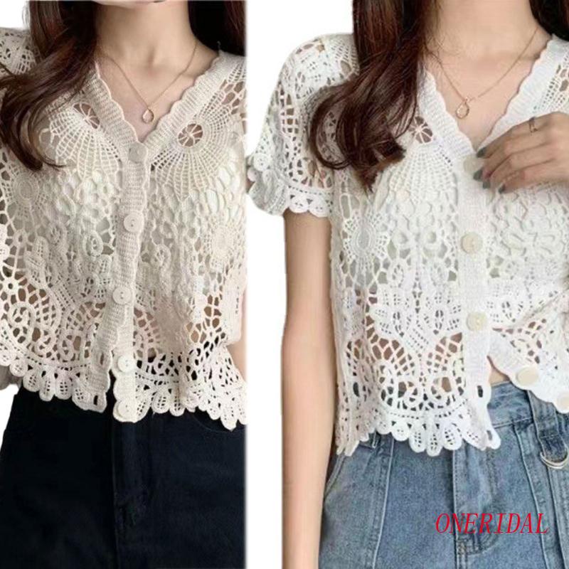 Áo Cardigan Dệt Kim Tay Ngắn Cổ Chữ V Phối Ren Lưới Xuyên Thấu Phong Cách Pháp Thời Trang Mùa Hè Cho Nữ