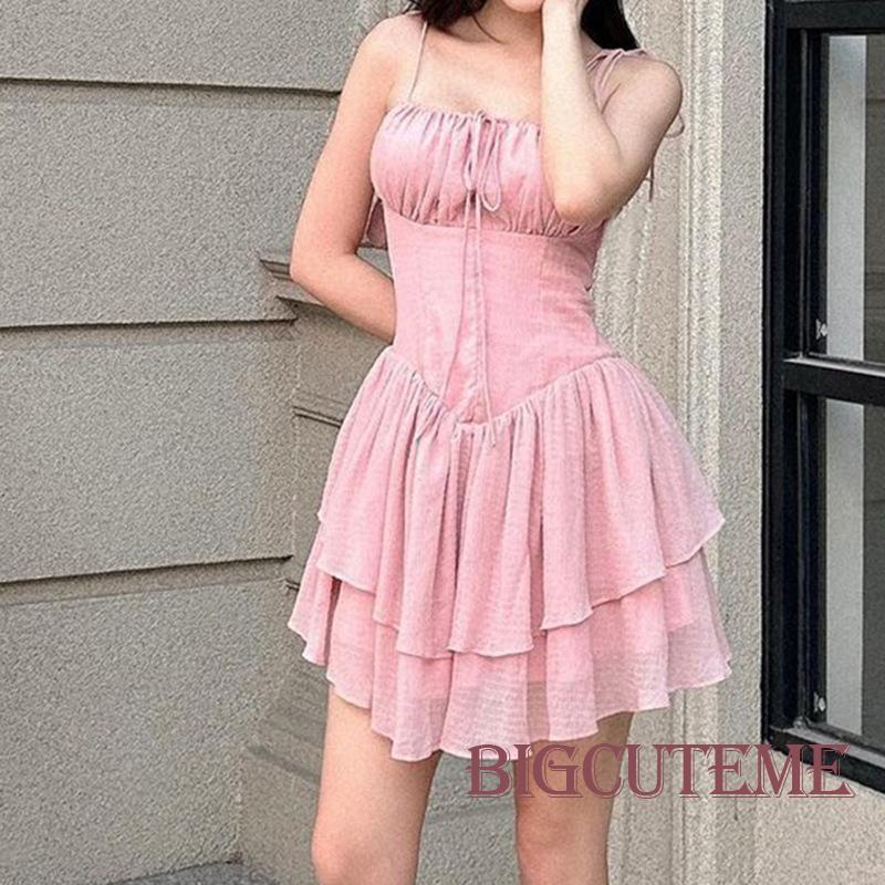 [] - Đầm Mini Dáng Chữ A Không Tay Có Dây Cột Vai Viền Bèo Nhún Màu Hồng Dễ Thương Cho Nữ