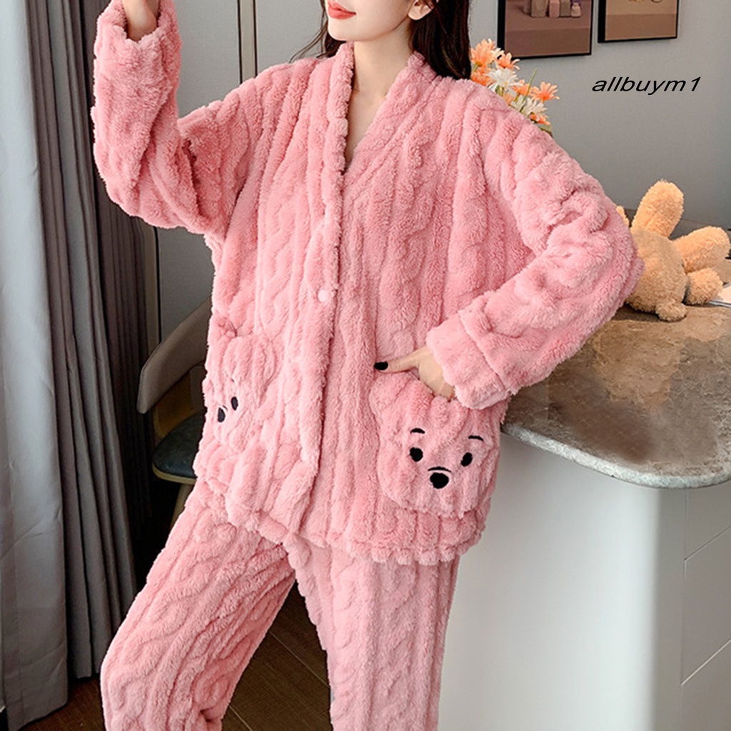 1 Bộ Đồ Ngủ Pijama Tay Dài Cổ Chữ V Màu Trơn In Họa Tiết Gấu Chống Lạnh