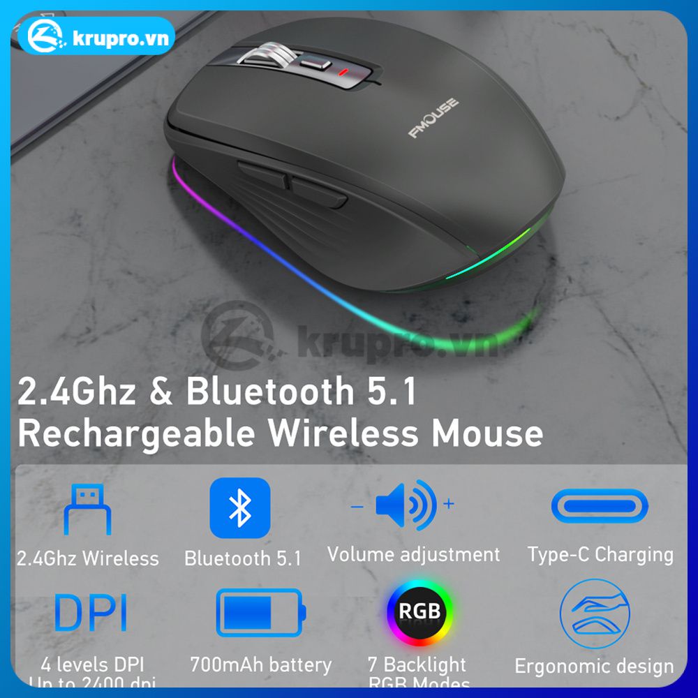 Chuột 2.4G Không Dây Có Thể Sạc Lại Chế Độ Kép Chuột Rgb Câm Thích Hợp Cho Windows Mac Ios Android Máy Tính Xách Tay Máy Tính Bảng Di Động Pk Logitech Bán Chạy