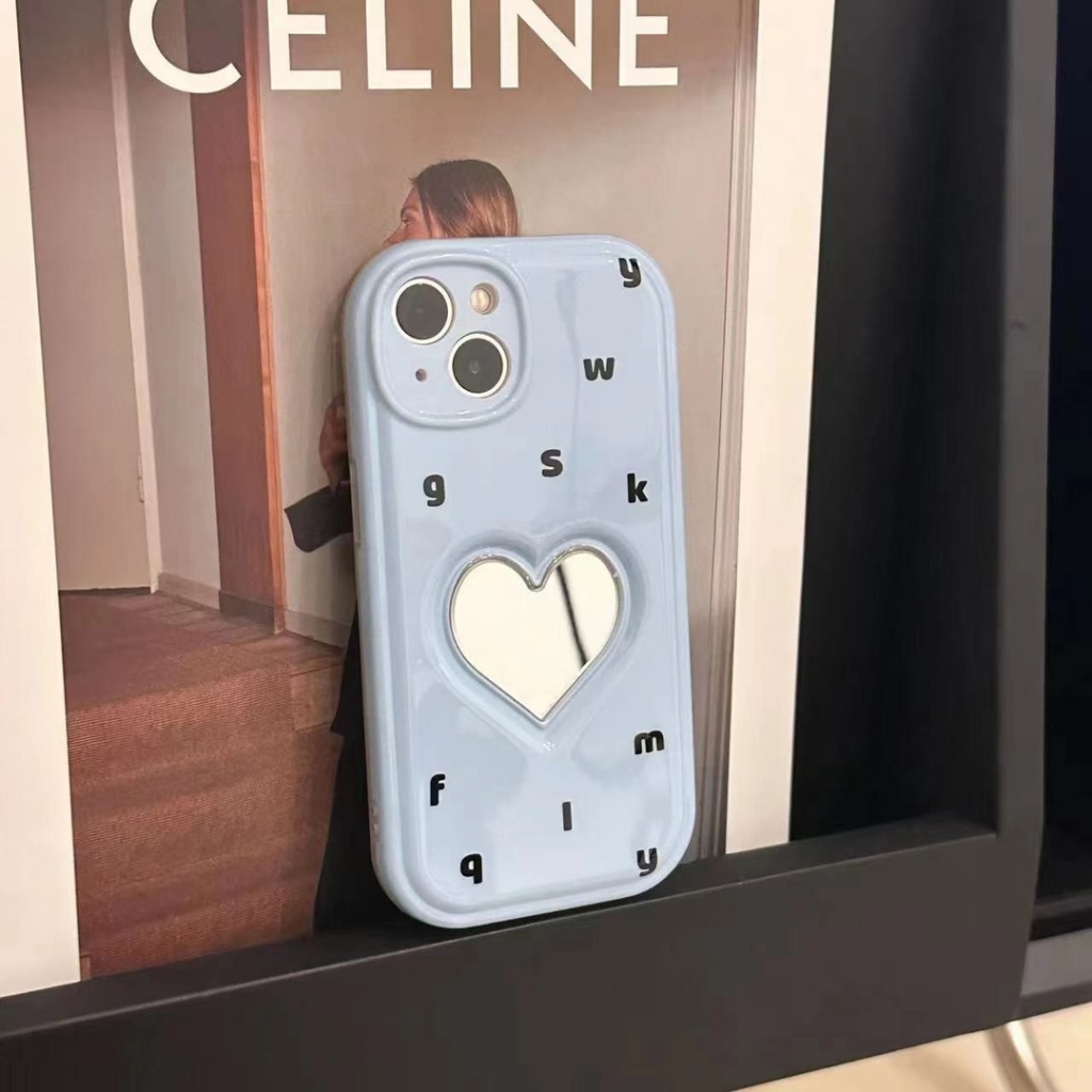 Ốp Điện Thoại Mềm Màu Xanh Dương Nhạt Gắn Gương Hình Trái Tim Phối Chữ Xinh Xắn Cho Iphone 14Promax 13pro 12 11