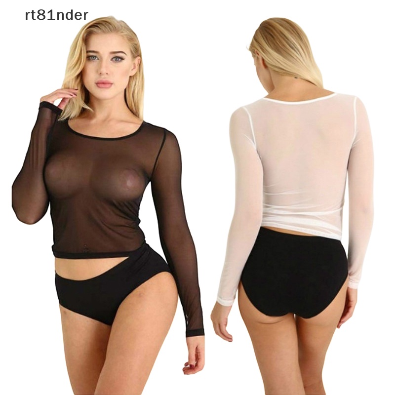 Áo Thun Lưới Tay Dài Cổ Lọ Dáng Ôm Màu Trắng Đen Xuyên Thấu Gợi Cảm Cho Bạn Gái