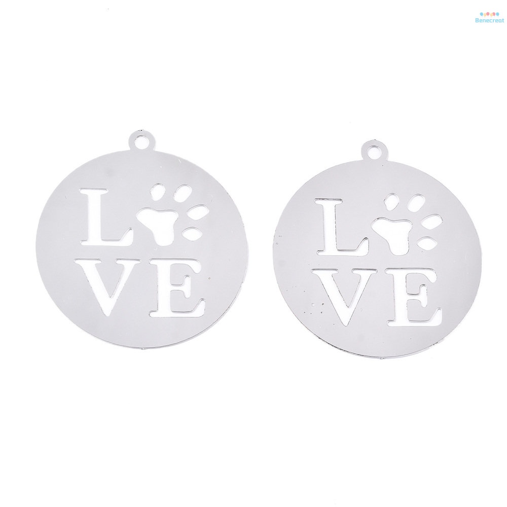Bộ 10 Mặt Dây Chuyền Bằng Thép Không Gỉ 201 Lỗ Tròn Dẹp Khắc Chữ Love & Dog 33x30x0.2mm: 1.8mm