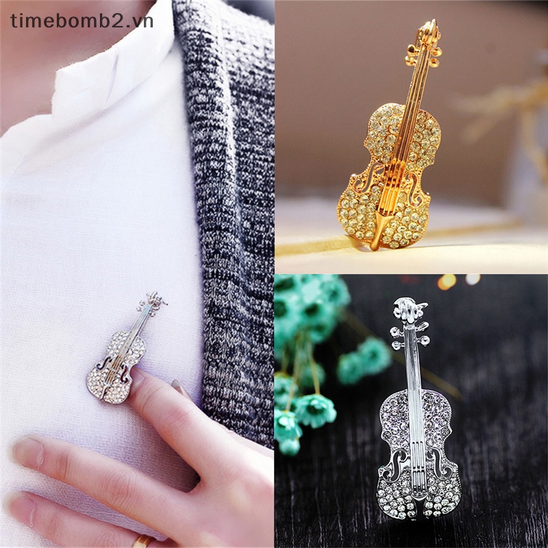 Ghim Cài Áo Mạ Vàng / Bạc Hình Đàn Violin Đính Đá Pha Lê Thời Trang