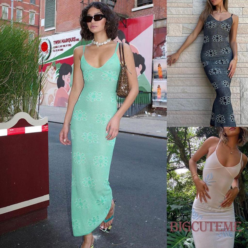 Đầm Dài Không Tay Hở Lưng Họa Tiết Hoa Thời Trang Cho Nữ