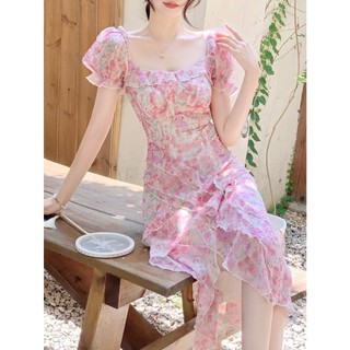 Đầm hoa midi cúp ngực hồng xẻ bèo angi home